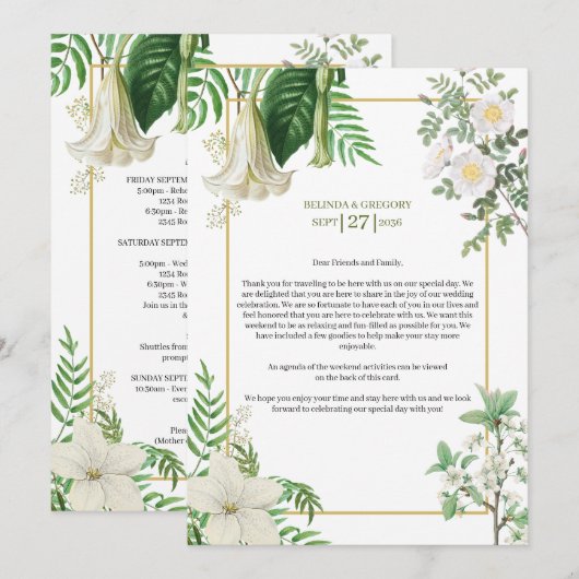 White Green Floral Gold Wedding Itinerary Programm Programma (Voorkant / Achterkant)