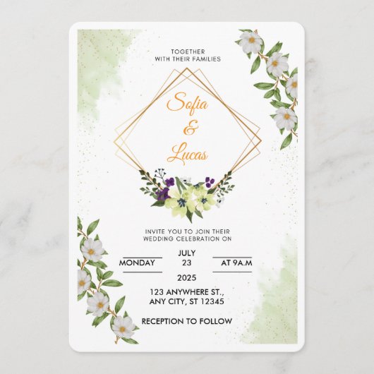 White & Green Floral Watercolor Wedding Invitation (Devant)