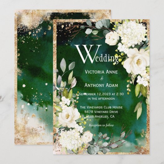 White Green Gold Rustic Floral Wedding Invitation Kaart (Voorkant / Achterkant)
