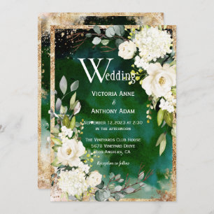 White Green Gold Rustic Floral Wedding Invitation Kaart
