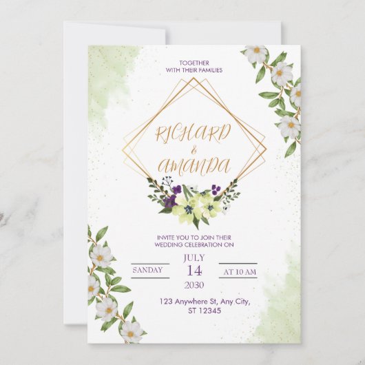 White & Green Watercolor Floral Wedding Invitation (Devant)