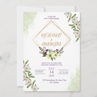White & Green Watercolor Floral Wedding Invitation Kaart
