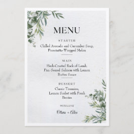 White & Green Watercolor Leaves Wedding Menu