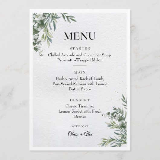 White & Green Watercolor Leaves Wedding Menu (Devant)