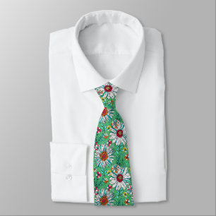 White Green Yellow Oranje Red Daisy Flowers Stropdas