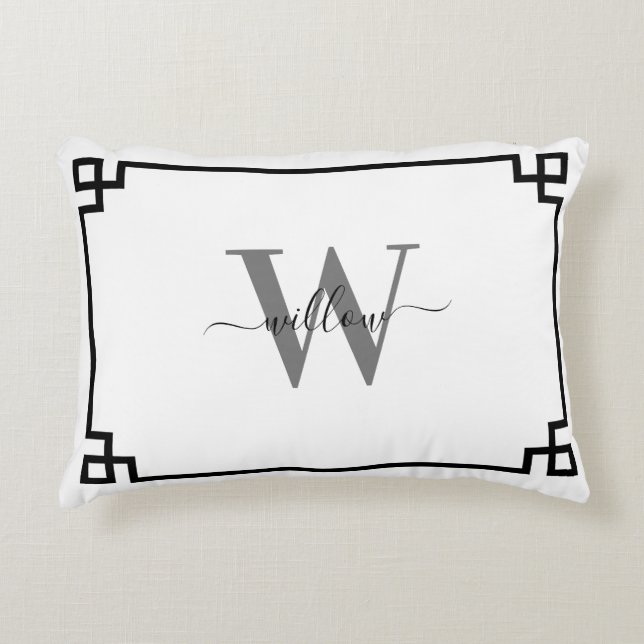 White Grey Black Greek Key Monogramed Accent Kussen (Voorkant)