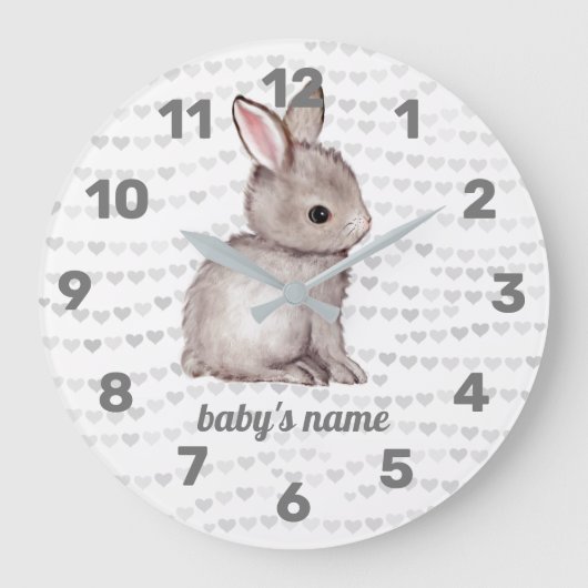 White Grey Bunny Heart Nursery Decor Wall klok (Voorkant)