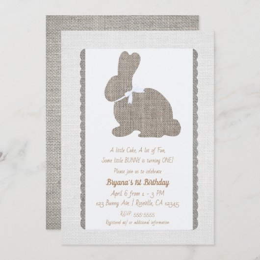 White Grey Burlap Rustic Bunny Easter 1st Birthday Kaart (Voorkant / Achterkant)