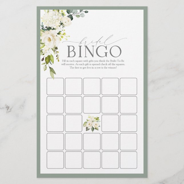 White Grey Green Waterverf Bridal Bingo Game (Voorkant)