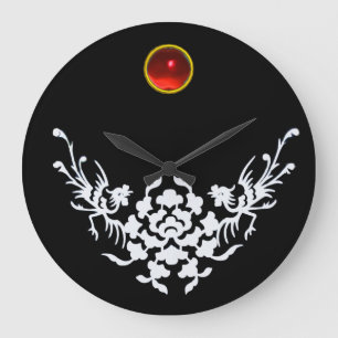 WHITE GRIFFINS AND FLOWERS, Red Ruby Gem Stone Grote Klok