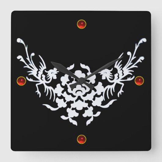 WHITE GRIFFINS EN STROMEN, Red Ruby Gem Stone Vierkante Klok (Voorkant)