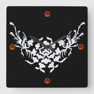 WHITE GRIFFINS EN STROMEN, Red Ruby Gem Stone Vierkante Klok