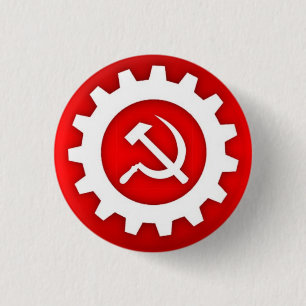White Hammer en Sickle Pin w/White Gear Ronde Button 3,2 Cm