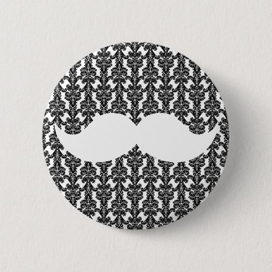 White Handlebar Mustache op Black Damask Paper Ronde Button 5,7 Cm (Voorkant)