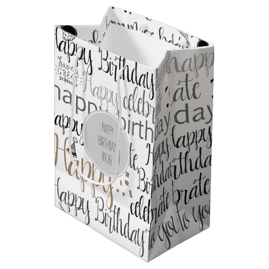 White Happy Birthday   Medium Cadeauzakje (Voorkant Gekanteld)