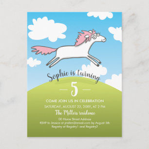 White Happy Horse Hand Drawn Girl 5th Birthday Uitnodiging Briefkaart