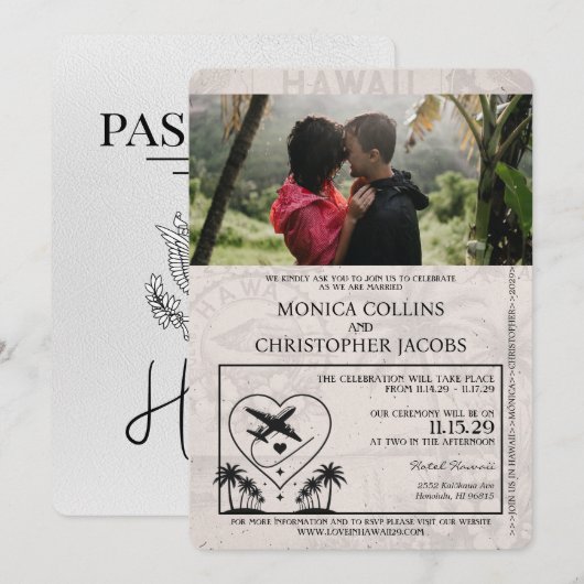 White Hawaii Passport Wedding Invitation Kaart (Voorkant / Achterkant)