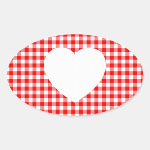 White Heart op Red Gingham Ovale Sticker