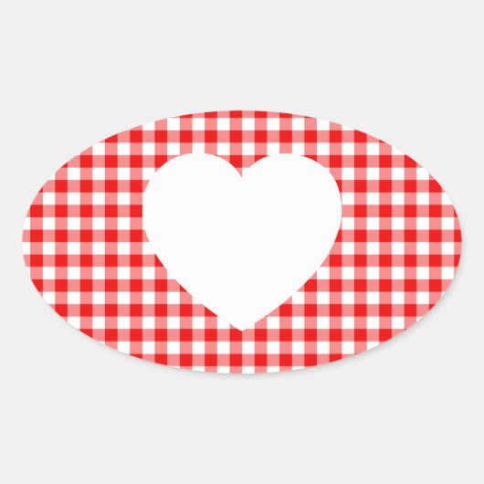 White Heart op Red Gingham Ovale Sticker (Voorkant)