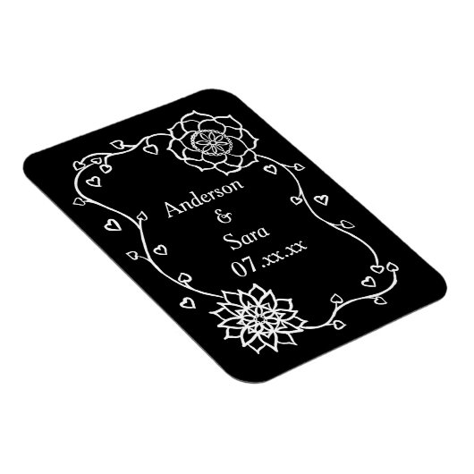 White Hearts and Flowers on Black Save Date Magnet Magneet (Rechterzijde)