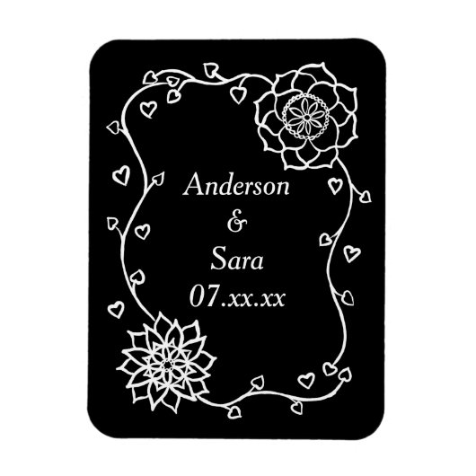 White Hearts and Flowers on Black Save Date Magnet Magneet (Verticaal)