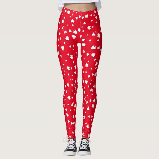 White Hearts Floating Pattern on Red Leggings (Voorkant)