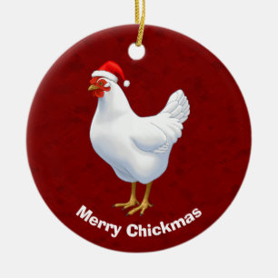 White Hen in Santa Hat Merry Chickmas Keramisch Ornament