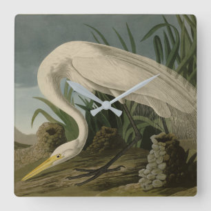White Heron, Great Egret, Audubon Birds of America Vierkante Klok