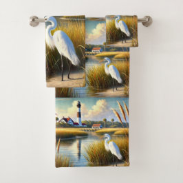 White Heron Marsh en Vuurtoren Badhanddoek Set Bad Handdoek