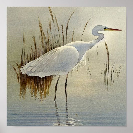 White Heron Waterverf Painting Poster (Voorkant)