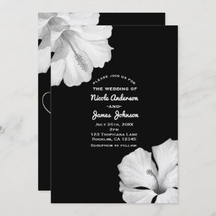 White Hibiscus Black Tropical Wedding Invitations Kaart