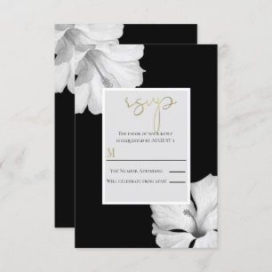 White Hibiscus Black Tropical Wedding RSVP Reply  Kaart
