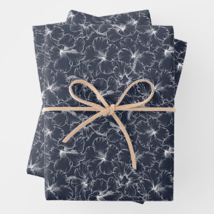 White Hibiscus Floral on Navy Blue Inpakpapier Vel