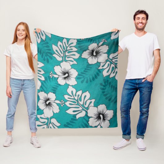 White Hibiscus Floral Pattern on Aqua Turquoise Fleece Deken (In situ)