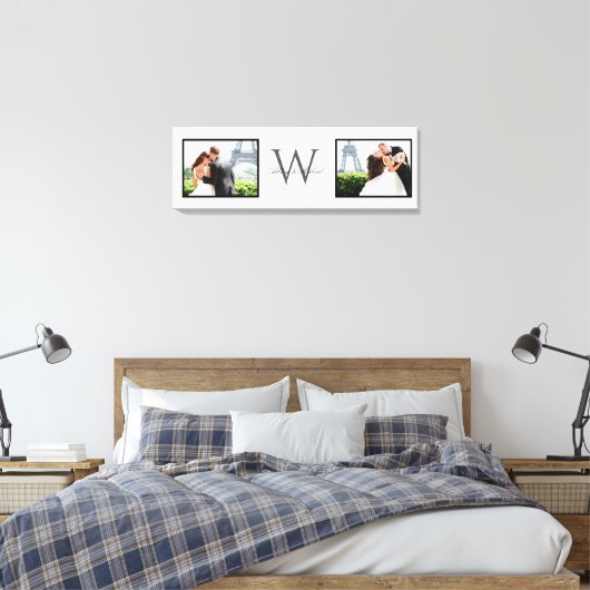 White Horizontal 2 Photo Monogram Wedding Keepomwi Canvas Afdruk (Insitu (Slaapkamer))