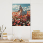 White Horse Amid Blossoming Meadow Poster (Keuken)