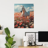 White Horse Amid Blossoming Meadow Poster (Thuiskantoor)