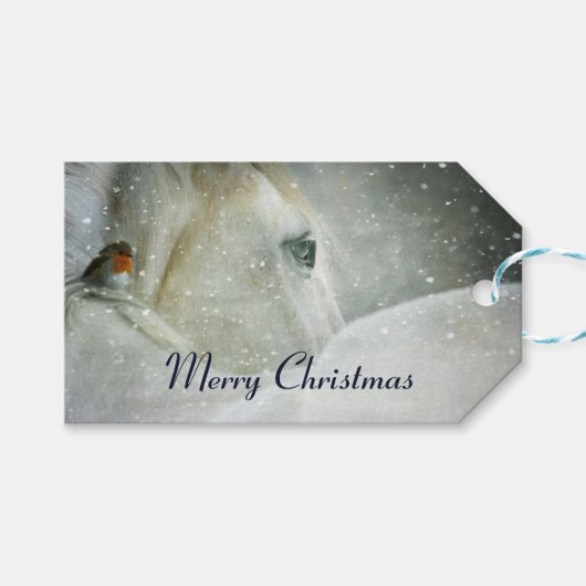 White Horse & Bird in a Winter Snowfall Kerstmis Cadeaulabel (Voorkant (Horizontaal))