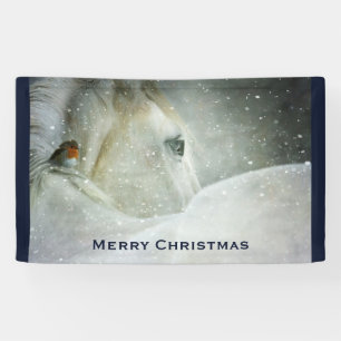 White Horse & Bird in a Winter Snowfall Kerstmis Spandoek