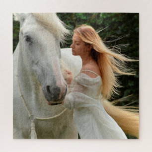 White Horse Girl Wind in je blond haar moeilijk Legpuzzel