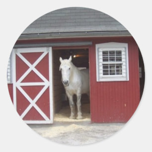 White Horse in Red Barn Ronde Sticker