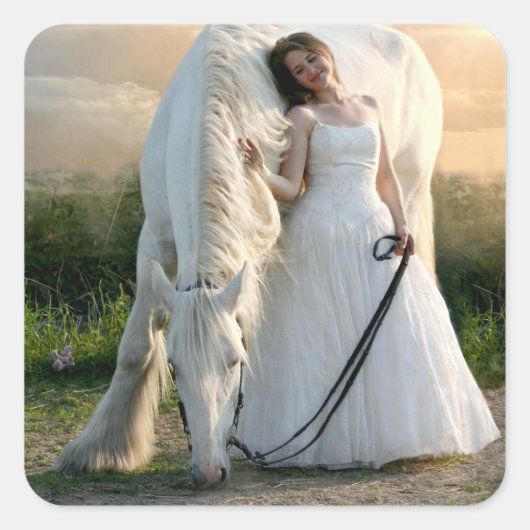 White Horse met bride Vierkante Sticker (Voorkant)