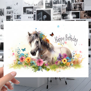 White Horse met Flowers en Butterflies Birthday Kaart