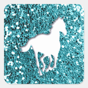 White Horse on Aqua Glitter Kijk Vierkante Sticker