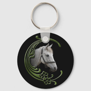 White Horse Portrait Floral Swirls Decor Sleutelhanger