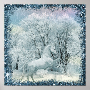 White Horse Snowy Forest Poster