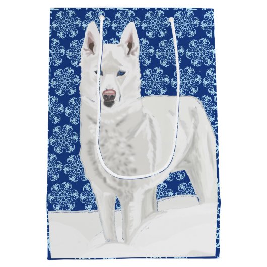 White Husky tegen sneeuwvlokken en donkerblauwe he Medium Cadeauzakje (Achterkant)