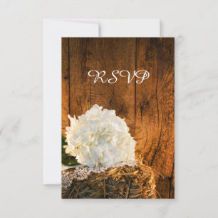 White Hydrangea Barn Wood Country Weddenschap RSVP Kaartje