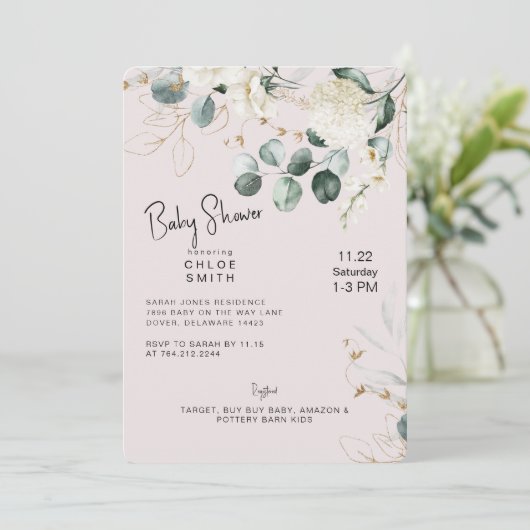 White Hydrangea Eucalyptus Blush Baby shower Kaart (Staand voorkant)