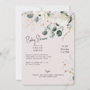 White Hydrangea Eucalyptus Blush Baby shower Kaart